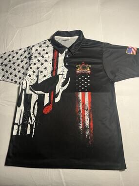 Hyperfavor Patriotic Golf Polo Men’s Large Skull American Flag Black Red USA